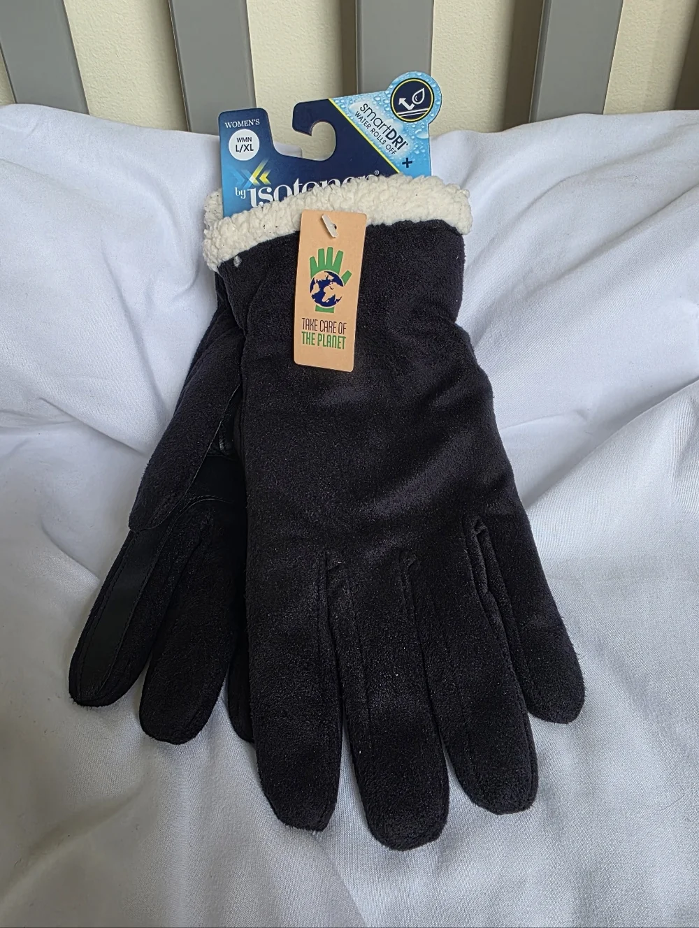 isotoner Black Womens Smart Dri Gloves with Cream Sherpa Cuff Size L/XL NWT